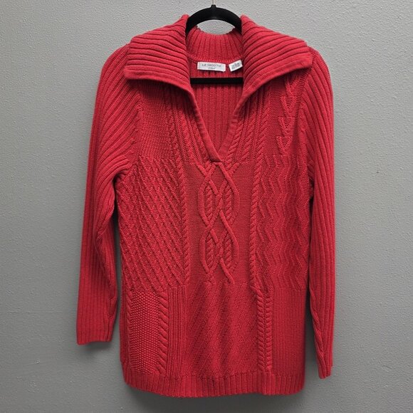Liz Claiborne Sweater Womens 1X Red Knit Pullover Cable Collar Cotton Blend - Picture 1 of 9